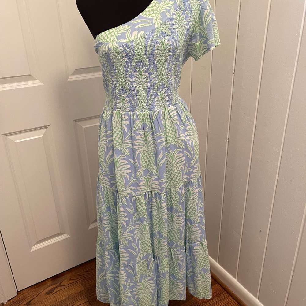 Crown One-Shoulder Blue and Green Dress